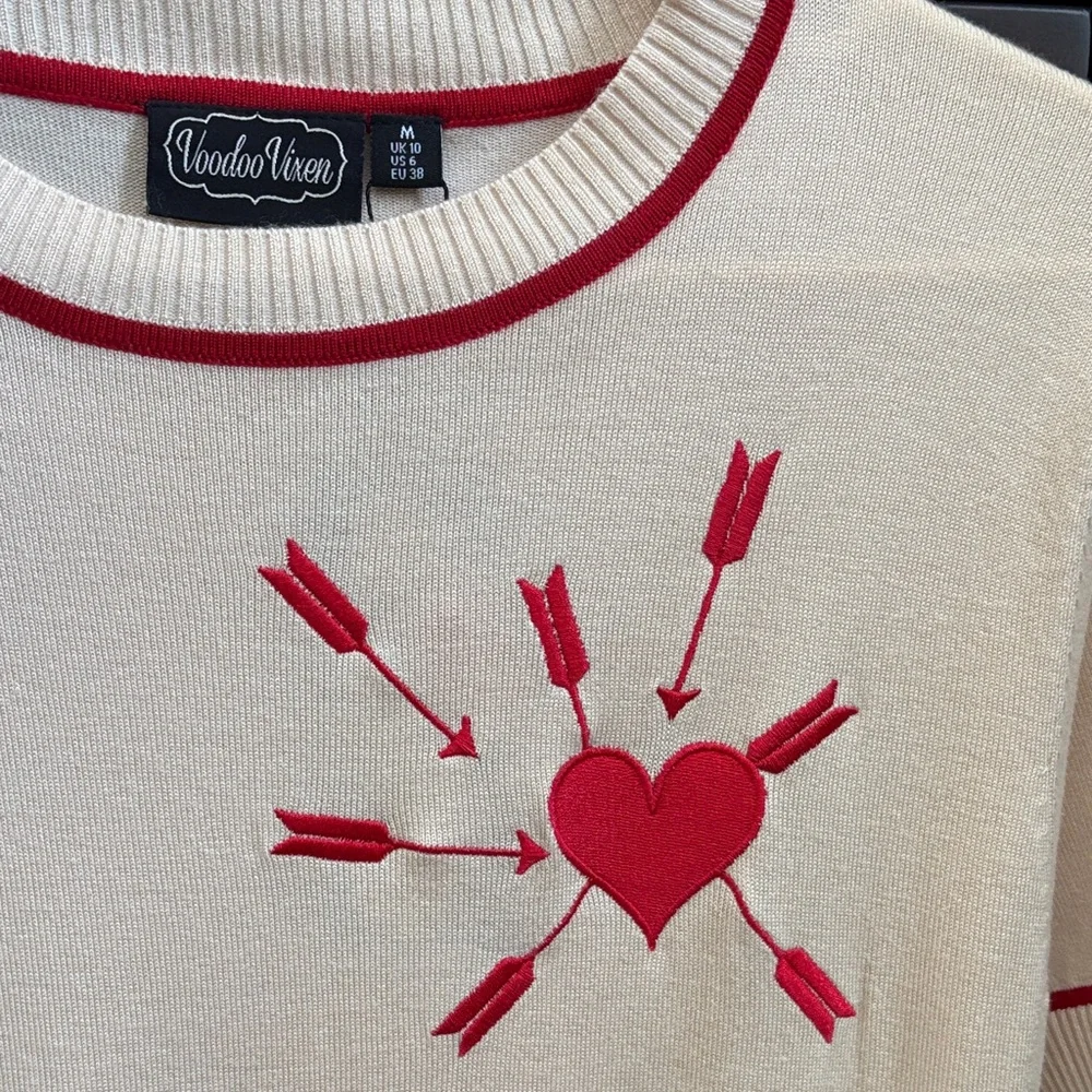 Voodoo Vixen Cream Sweater with Red Heart and Arrows - Picture 2 of 8